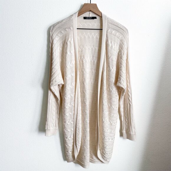 Lauren Ralph Lauren Sweater Womens Large* Ivory Cable Knit Open Cardigan Classic - Picture 1 of 13
